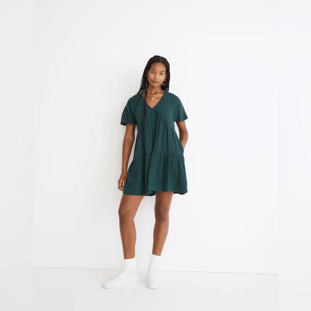 Madewell Smoky Spruce Lightspun Popover Tiered Mini Dress XL